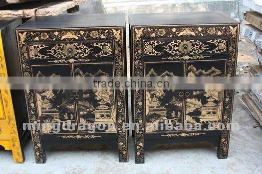 Chinese antique furniture Beijing golden & black pine wood Bedside Cabinet