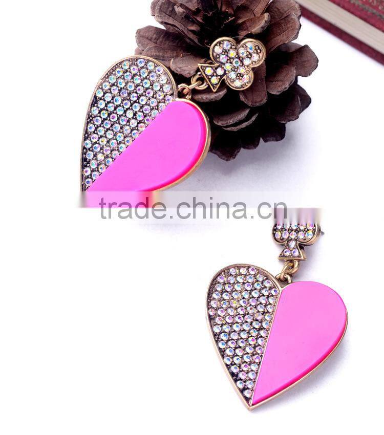 Exaggerated personality pave rhinestone crystal Lovely heart-shaped pendant earrings