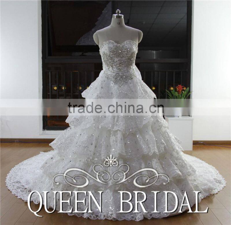 Real Works China Custom Made Luxury Crystals Cathedral/Royal Train Wedding Dresses