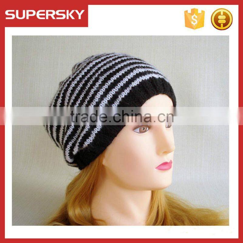 V-62 Stripe stretch slouchy oversized baggy knitted winter hat