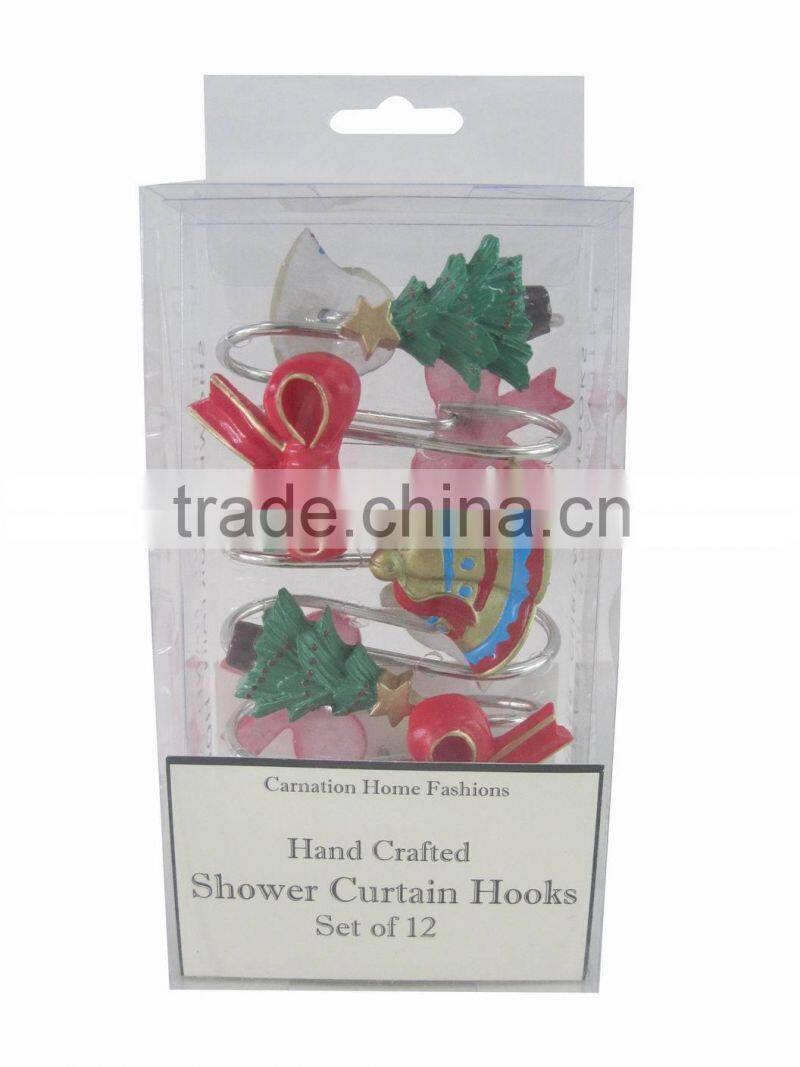 Christmas series shower curtain&12pcs decorative resin hooks set