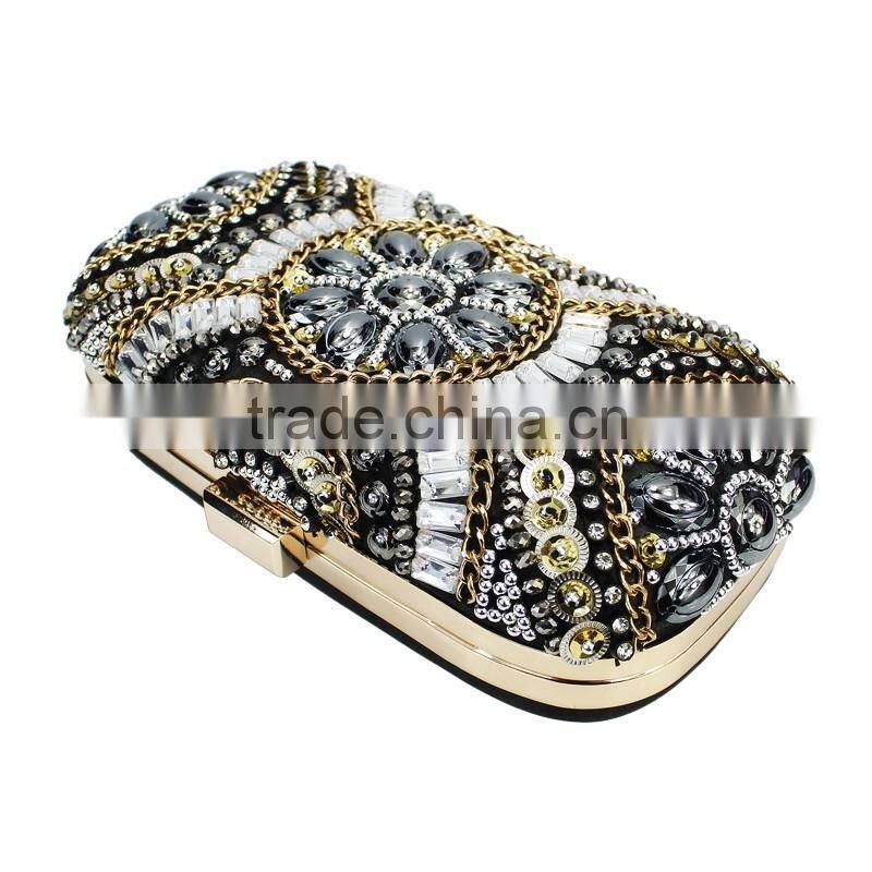fashion classic design embroidery flowers party black diamond clutch evening bag shoulder bag handbag ladies purse(C024)