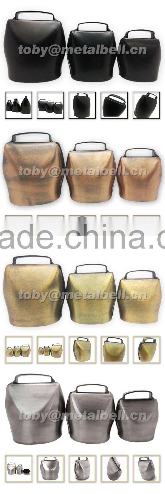 Metal cow bell in plated or painted color with logo and strap attached for hunting