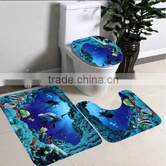 3pcs Blue Ocean Bath Rugs Set / Toilet Seat Cover Carpet / bathroom mat