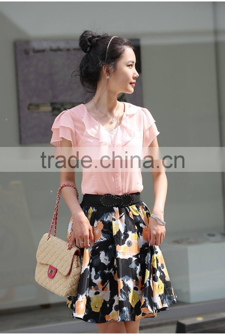 NEW 2015 Spring Summer New Women Clothing Girl Casual Bow tie Short Sleeve Chiffon Blouse & Shirt Office Lady Ruffles Formal Top