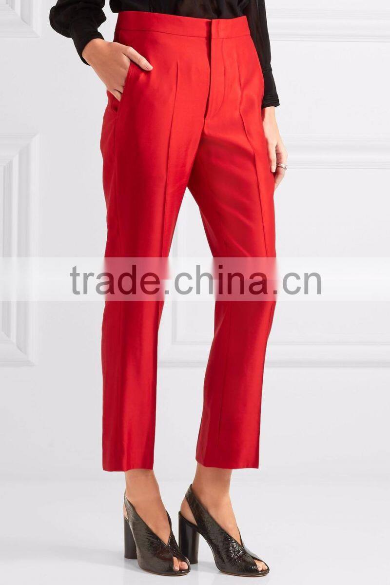 Wholesale Women Apparel Red-color Matte-satin Pressed Pleats Soft Fitting Pants(DQE0390P)