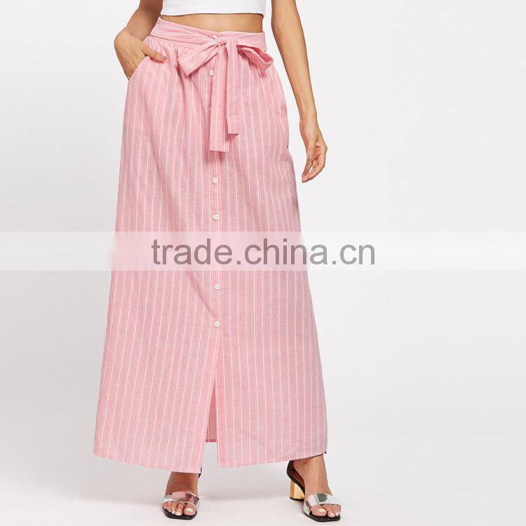 New Arrival Fashion Design Belted Button Up Pinstripe Skirt Women High Waist A Line Maxi Skirt