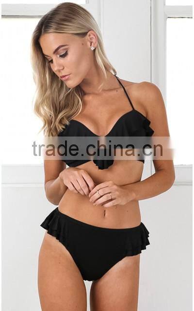 2016 hot lotus leaf lace fission bikini pure color sexy swimsuit suit