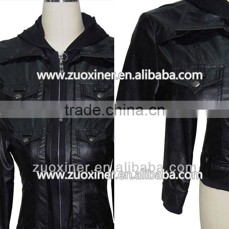 OEM wholesale 2014 fashion jacket women quality zip jacket hood pu jacket