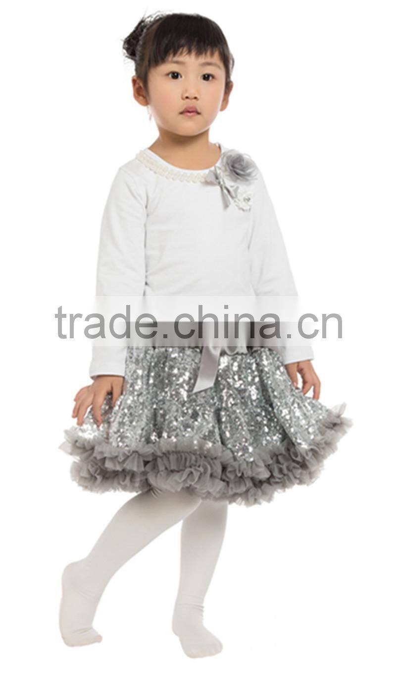 long sleeve flower sequin fluffy pettiskirt for girls- embroidered costume with belt-- stage wear