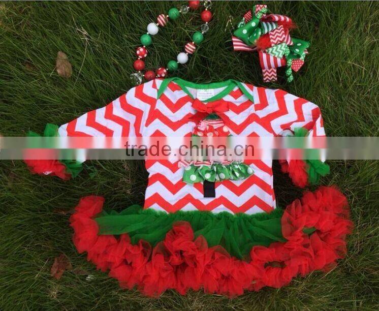 Christmas tree chevron baby romper with matching necklace and hair bow set