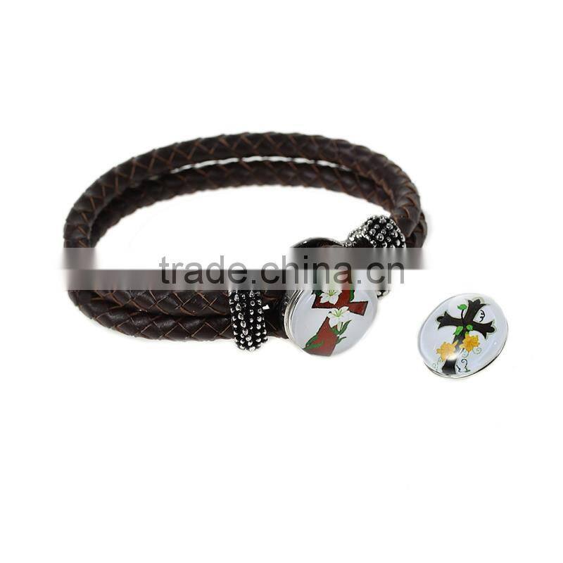 18mm Resin Fit Snap Button Bracelets Round Silver Tone At Random Cross Pattern , Knob Size: 5.5mm