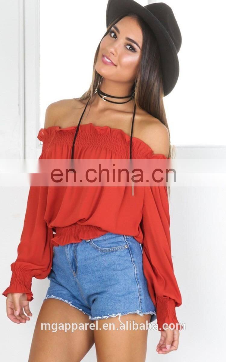 New design long sleeve ladies off shoulder crop top,women off shoulder blouse