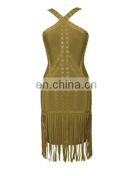 Amigo 2017 new style sexy cross strap tassel bandage dress midi eyelet beaded evening dresses for women club wear