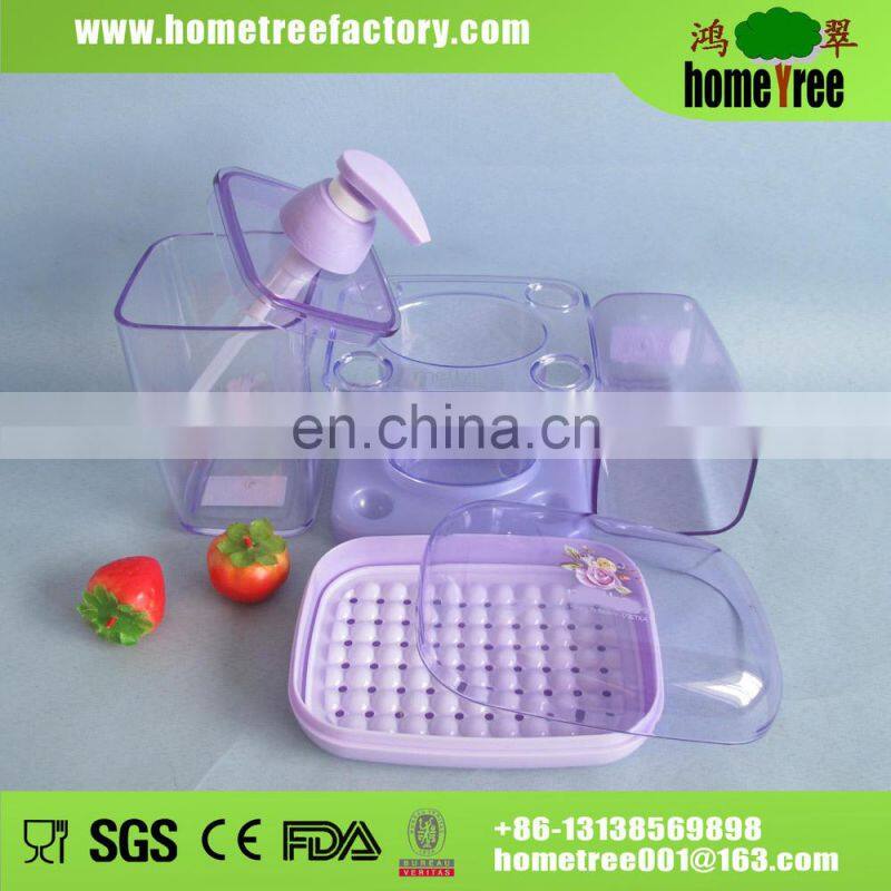 Clear Rectangle 4pcs Complete Plastic Purple Bathroom Accessories Set