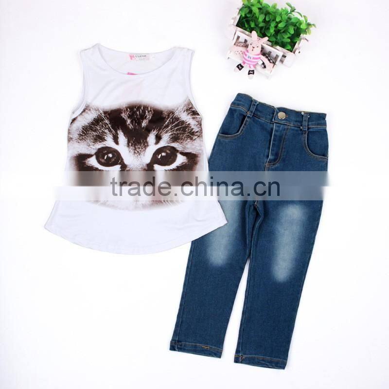 Hot Sale 2016 European Modeling Summer Girl Cloth Set Sleeveless Cat Printed Shirt + Denim Jeans 2pcs Cloth Set