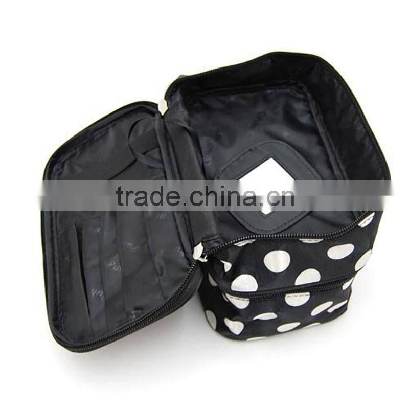 Fashion cosmetic bag double layer dot pattern travel toiletry bag organizer with mirror