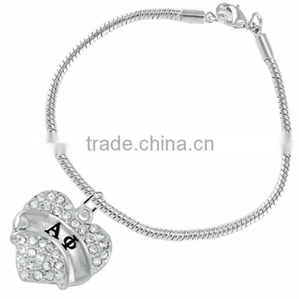 Genuine Austrian Clear Crystal "Alpha Phi" Greek Sorority Heart Charm Chain Link Bracelet
