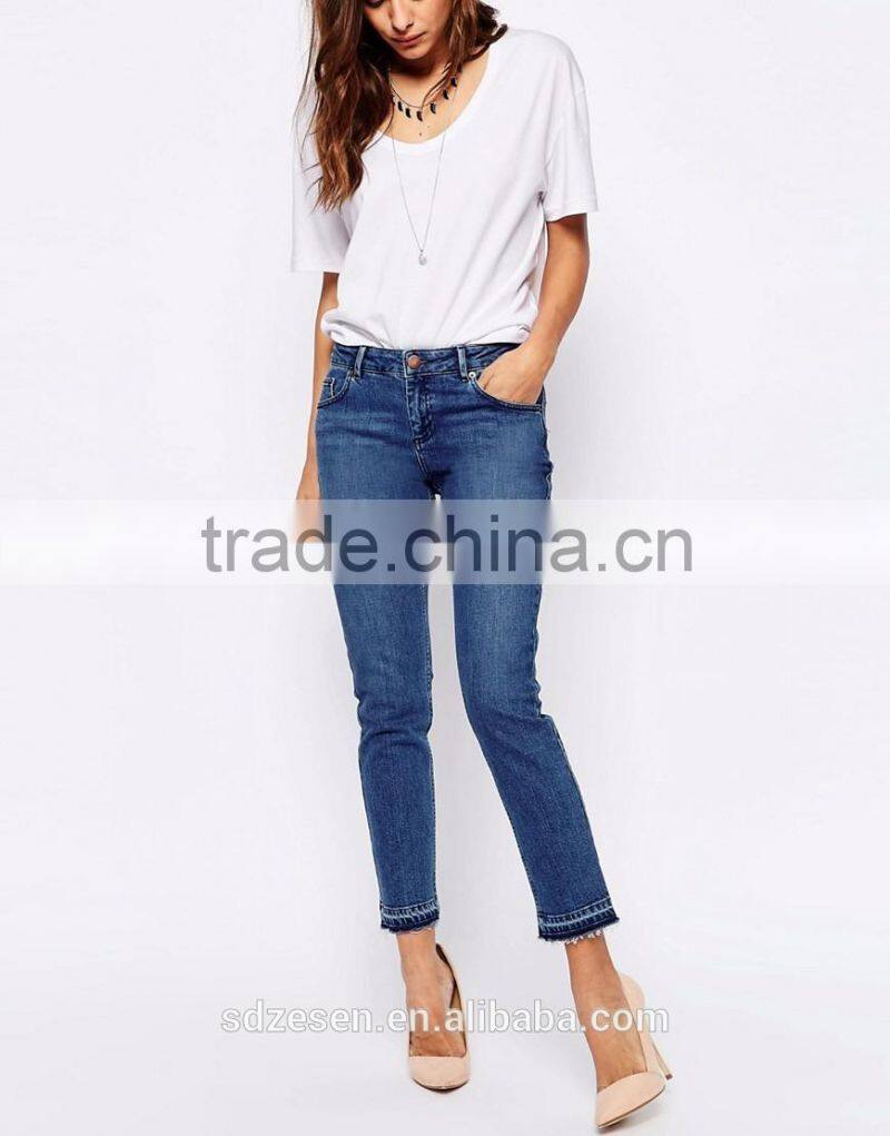 Wholesale Denim Five Pockets Boyfriend Jeans With Let Down Hem In Mid Wash Blue For Women