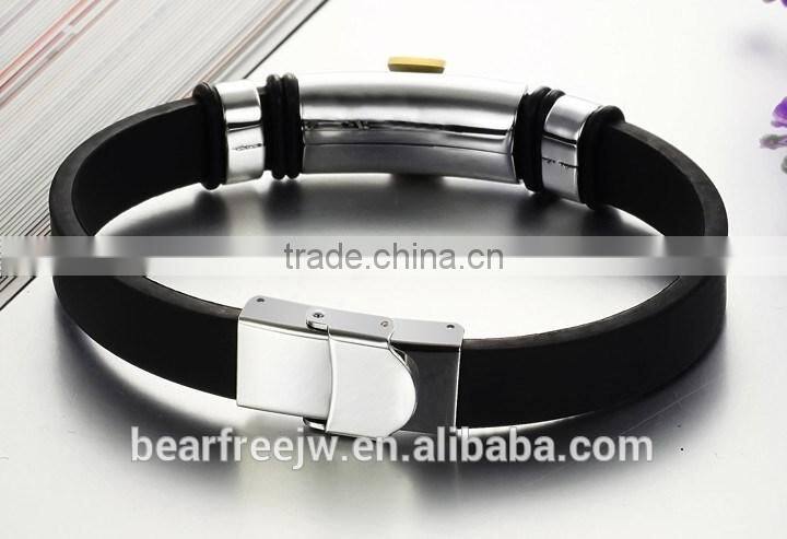 Charm Rubber Silicone Chain Gold Cross wristband bracelet for mens with stainless steel buckle