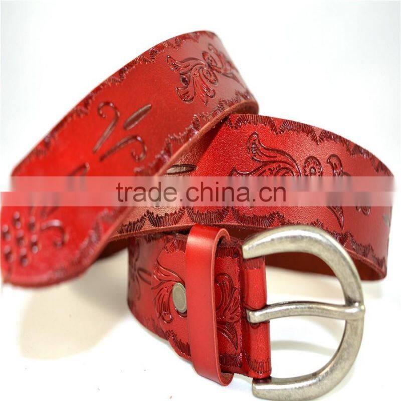 hot sell high quality genuine cowhide leather with pattern design lady belts manufacturers