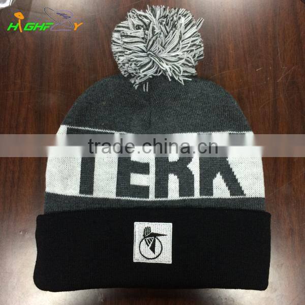Jacquard acrylic beanie custom high quality 3d embroidery logo beanie with pom pom