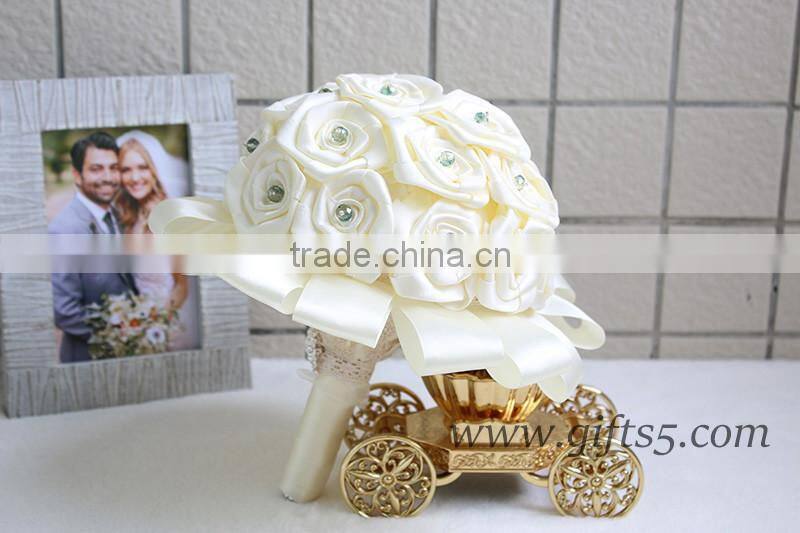 White handmade satin rose wedding bouquet with crystal