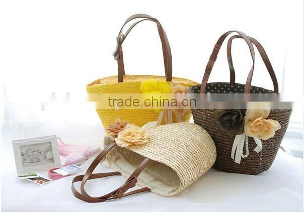 4 color wheat straw women tote beach bag with round handle big size bag and flower decoration