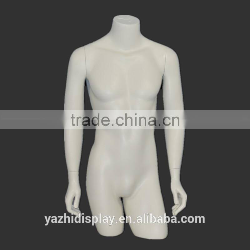 Displaying fiberglass half body male and female mannequin torso