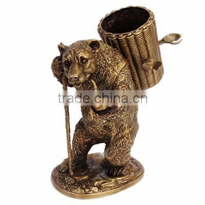 Lovely Ceramic Bear Carring Bronze Basket Decorative Wine Bottle & Glasses Holder, Imitated Porcelain Bear With Brass Wine Rack