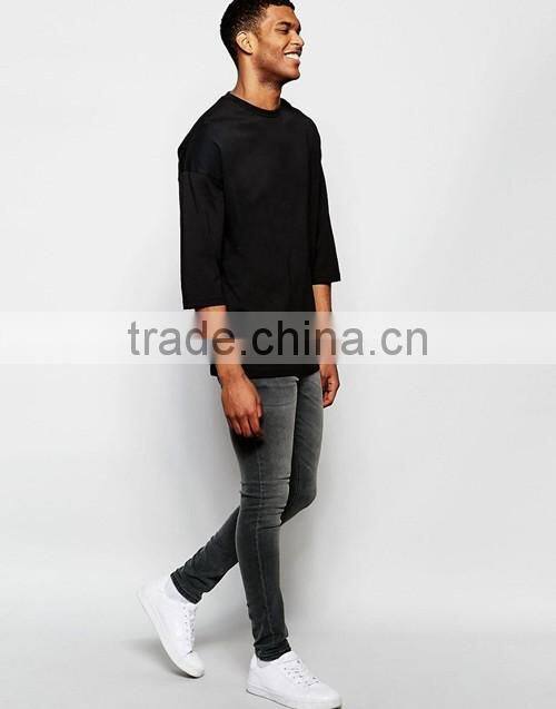 Men oversized 3/4 sleeves dropped shoulders black t-shirt OEM supplier in China