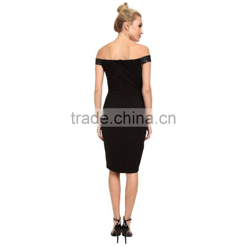 black slim off shoulder women summer dress with leather fabric