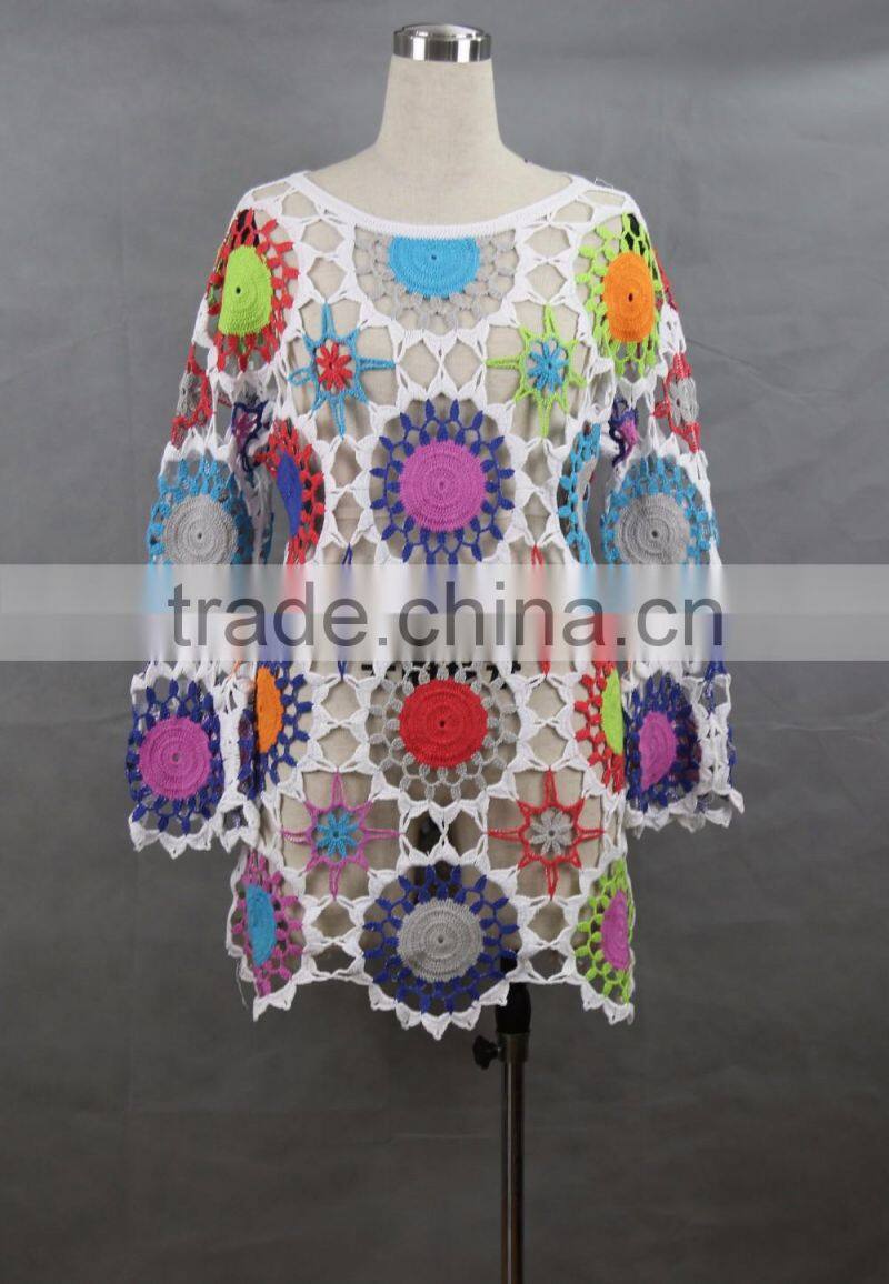 Lady's machine crochet long sleeve popular multicolor top blouse style