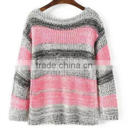 EY0866S ladies grey and pink striped pullover boat neck sweater knitting pattern