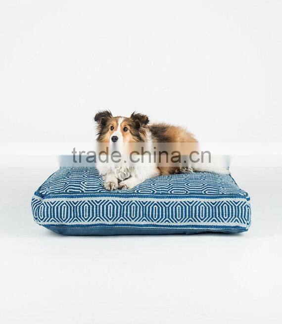 Navy Blue and Light Blue Geometric Square Dog Bed