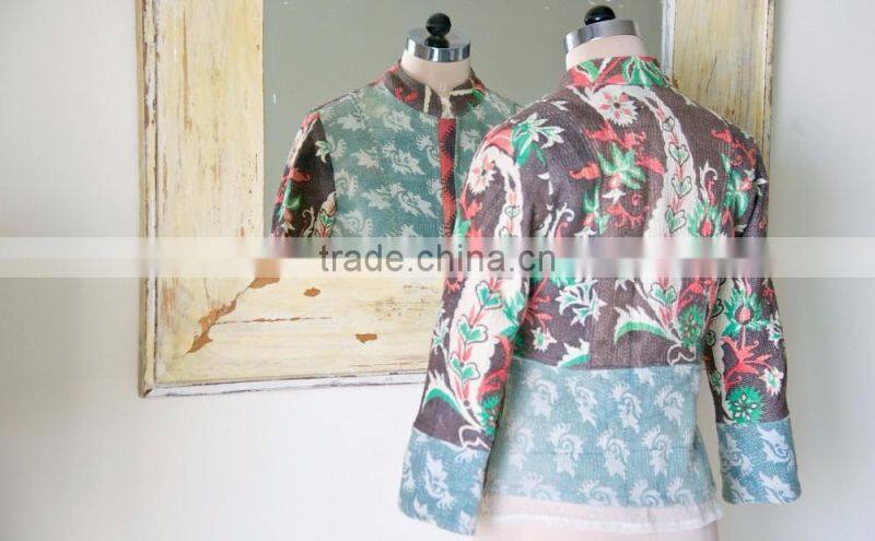 Vintage Kantha Jacket in Dirty Green & Brown ~ Small