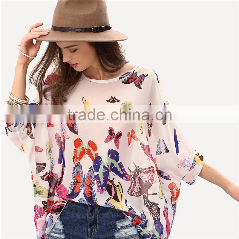 2017 ladies boho batwing sleeve chiffon butterfly neck design blouse