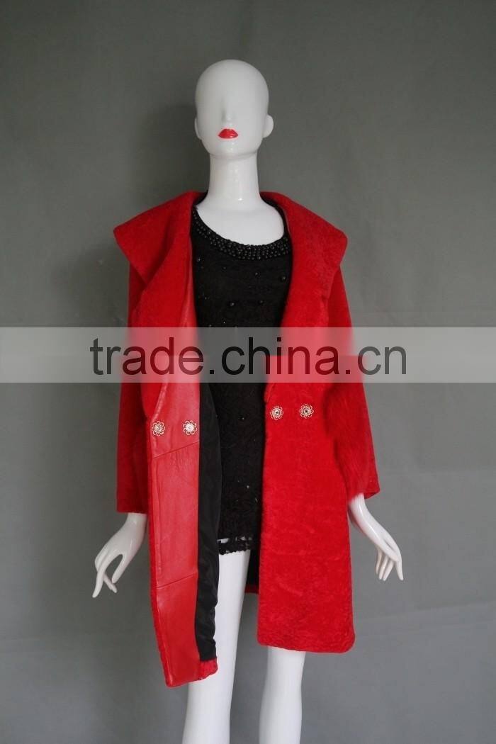 2016 Factory direct wholesale fashion lady's bright red lamb shearing fur jacket long warm real cashmere parka