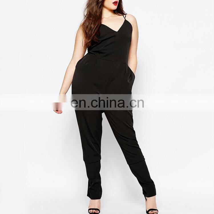 Wholesale New Design Women Strappy Plunge Front Black Jumpsuit In Plus Size