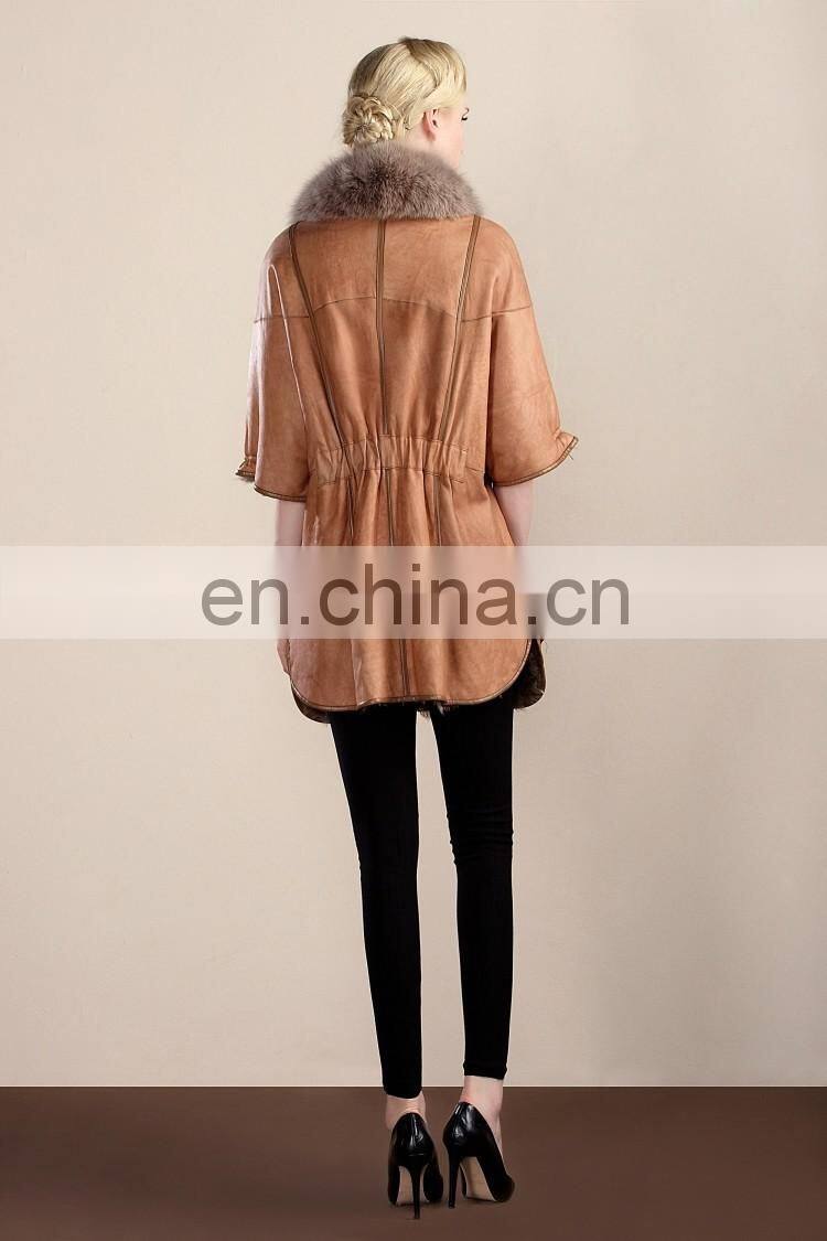 Fashion Design Fox Fur Collar Sheep Fur And Skin Jacket Short Sleeves Fur Coat Trend Winter Fur Dress