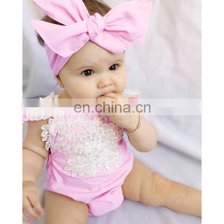 Newly baby girl pink lace flower romper jumpsuit 2 pieces set bow hair band rompers baby suit