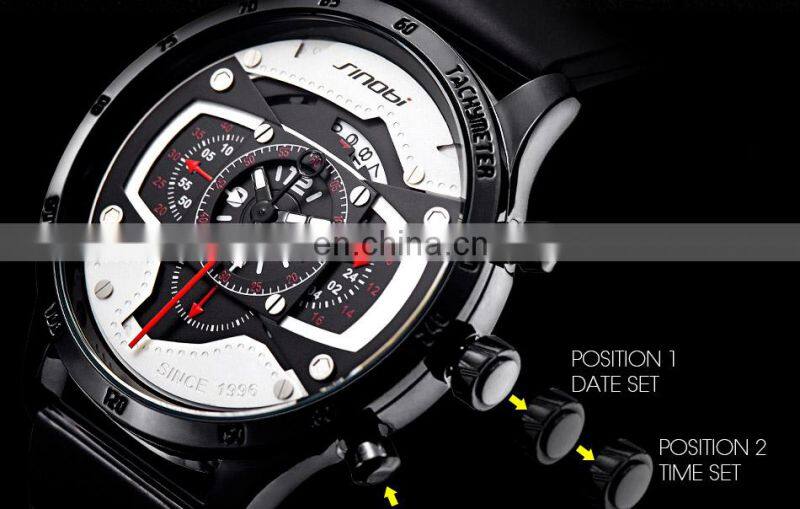 SINOBI Masculine Big Dial Wristwatch S9789G Silicone Band Black Chronograph Watch Multi Function Youth Men Watch
