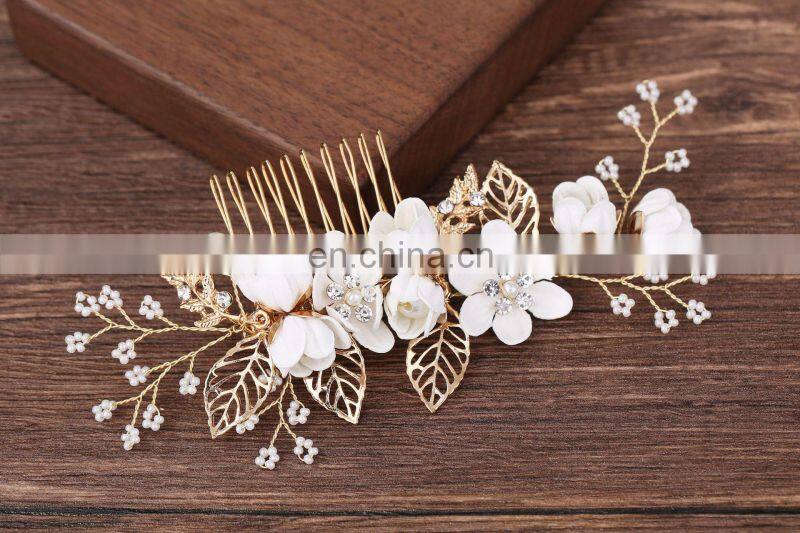 Luxury Blue Flower Hair Combs Headdress Prom Bridal Wedding Hair Accessories Gold Leaves Hair Jewelry