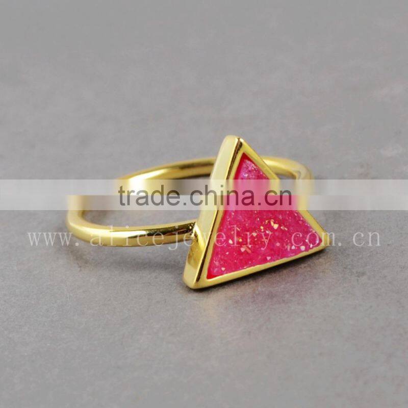 Golden plated metal ring with druzy stone cocktail stacking crystal ring quartz gemstone bezel Ring