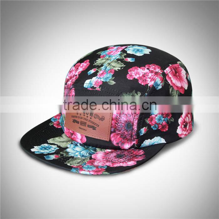 Floral sublimation printing caps, Leather embossed patch hats, Metal buckle leather strap snapback caps