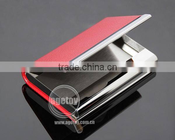 Lichee Pattern Red Leather Flannelette Lining Stainless Steel Promotional Metal Leather Credit Card Holders