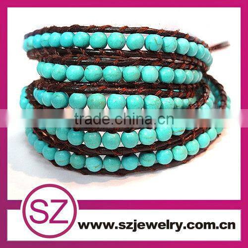 Fashion red jade beads beaded wrap leather bracelet for men