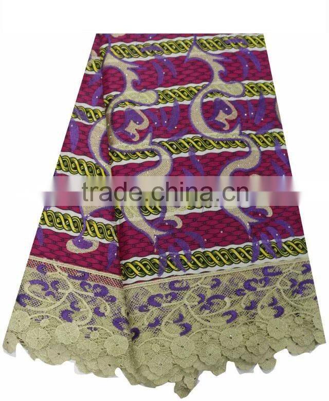 2016 wax print fabric cord lace fabric with rhinestones