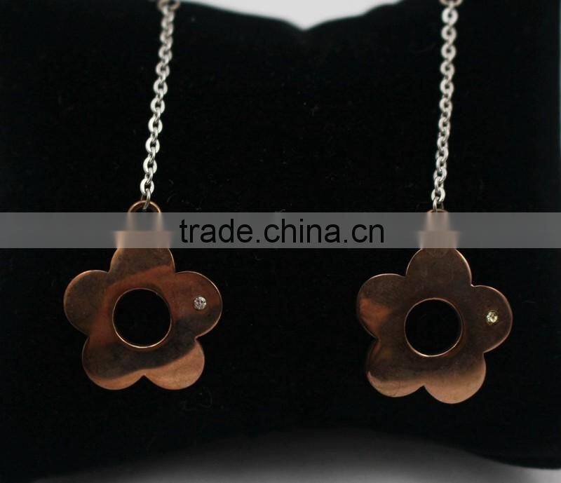 Two Tone Simple Long Stainless Steel Flower Drop Earring