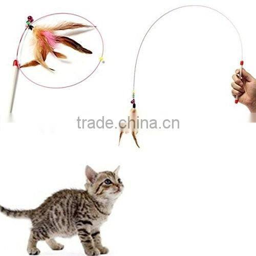 Aimigou NEW Steel Wire Kitten Cat Toy Feather Rod Teaser Bell Play Pet Dangler Wand